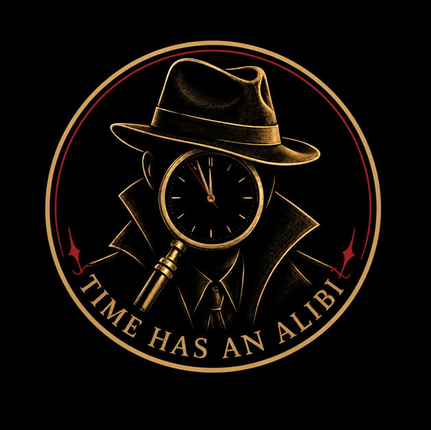 Time Has An Alibi Time Has An Alibi logo featuring a noir detective and a magnifiying-glass clock, set to 11:56